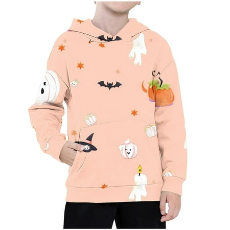 

Geire Kids Unisex All Saints Day New Hoodie Sweatshirt Long-sleeved Bat & Pumpkin Printed Comfort Fit Top Autumn Casual Hooded Pocket Sweatshirt