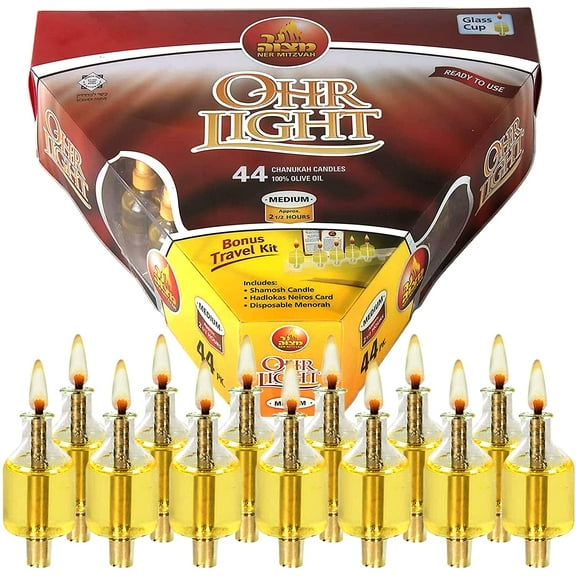 Ner Mitzvah, 2.5 Hour Pre Filled Chanukah Menorah Oil Candles - For Hanukkah (44 Pack)