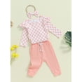 thumbnail image 3 of Musuos Baby Girl Fall Outfits 3M 6M 9M 12M 18M Checkerboard Print Long Sleeve Romper Solid Color Long Pants Headband 3Pcs Clothes Set, 3 of 9