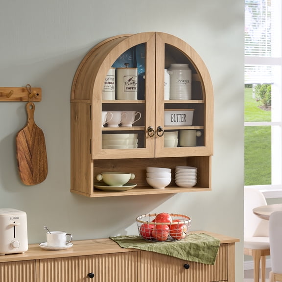 SinCiDo Arched Wall Cabinet with Adjustable Shelves & Glass Doors, Natural