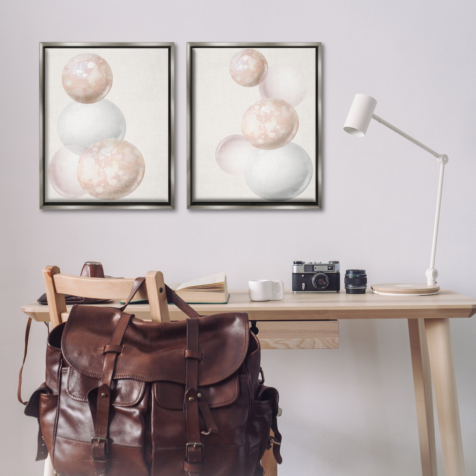 Stupell Industries Stacked Spheres Speckled Abstract Painting Gray Floater Framed Canvas Art Print Wall Art, 31 x 25, Set of 2