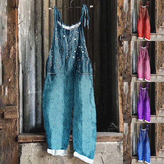 Oksale Casual Jumpsuit for Women Plus Size Loose Fit Linen Rompers with Pockets One Piece Bib Overalls Blue S