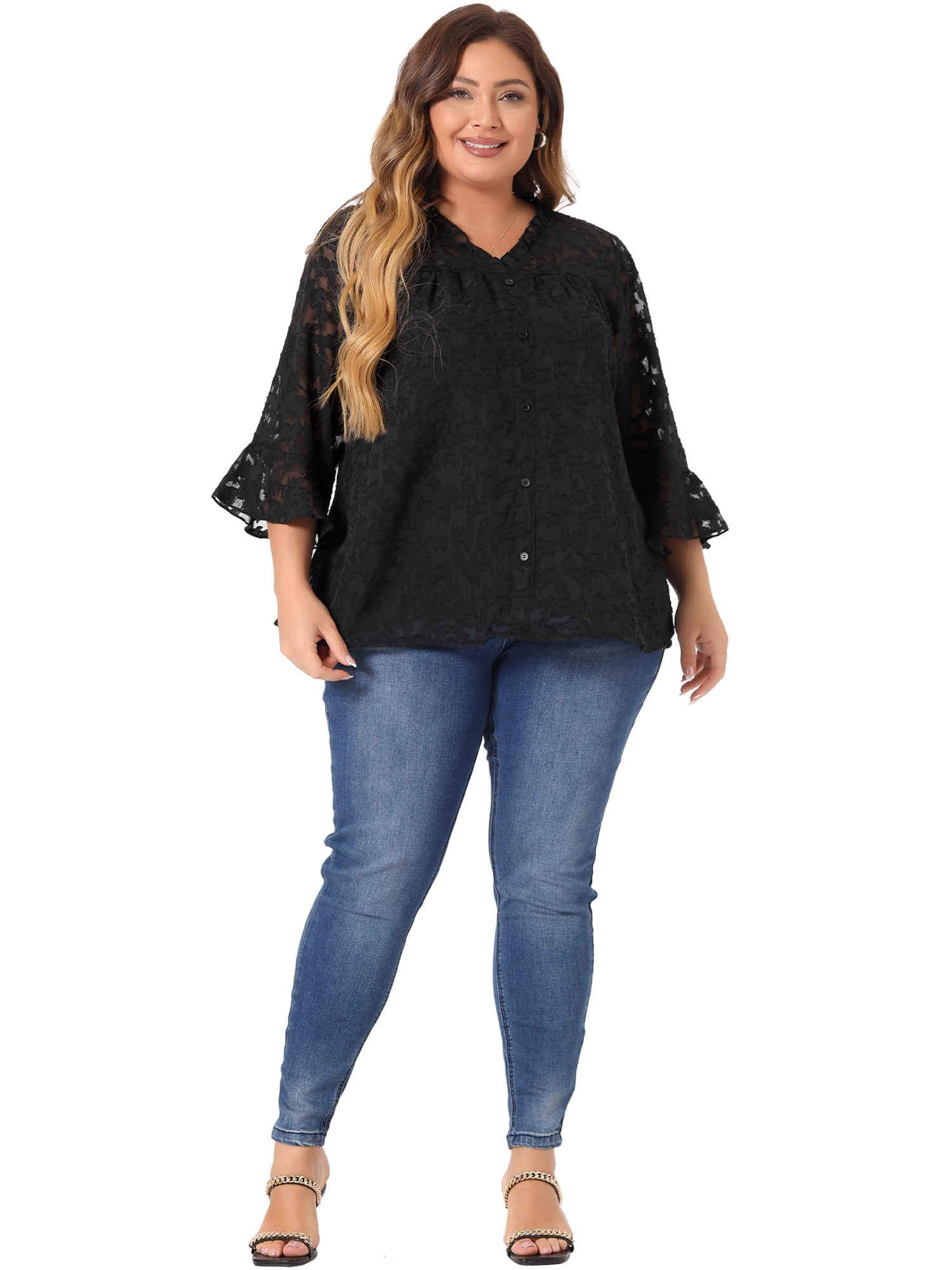 DARING DIVA Women's Plus Size V Neck 3/4 Bell Sleeve Semi Sheer Blouses 4X Black