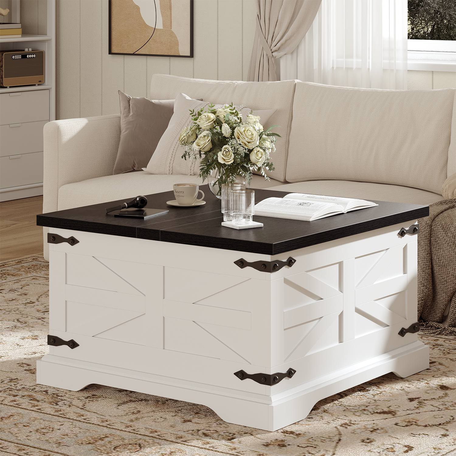 VVFLU Farmhouse Square Coffee Table with Storage for Living Room, Hinged Lift Top Soft Close, White