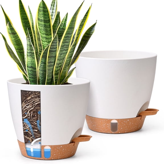 Self Watering Planters 8 Inch, 2-Pack White Plastic Pots with Drainage Holes & Water Reservoir for Indoor Plants, Large Houseplants | T4U