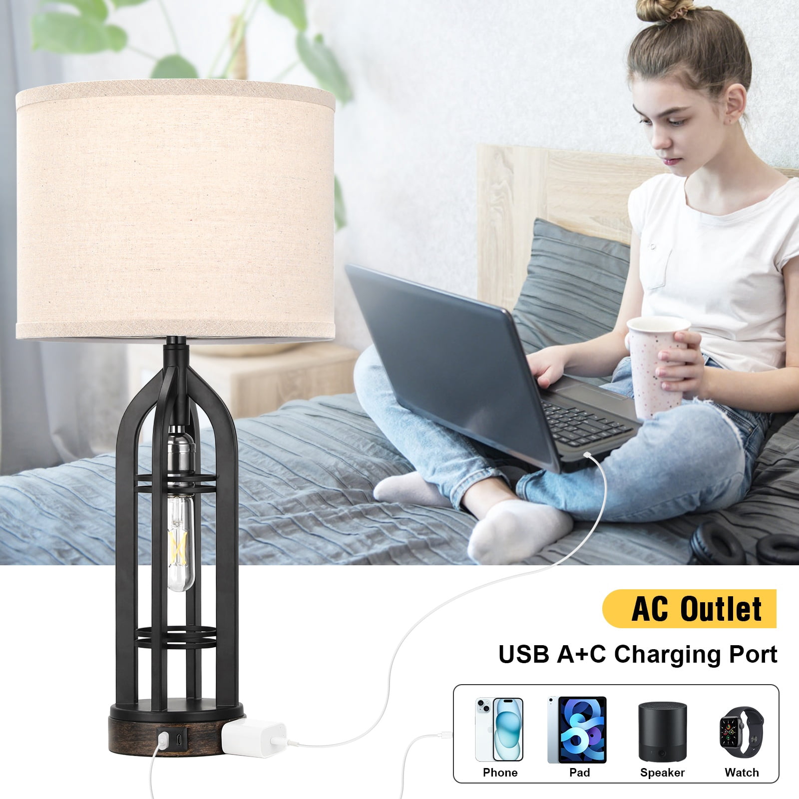 NiteLoom 24.7" Touch Table Lamps for Bedroom with USB Charging Ports & AC Outlet, 3-Way Dimmable Bedside Nightlight for Entryway, 2 Pack