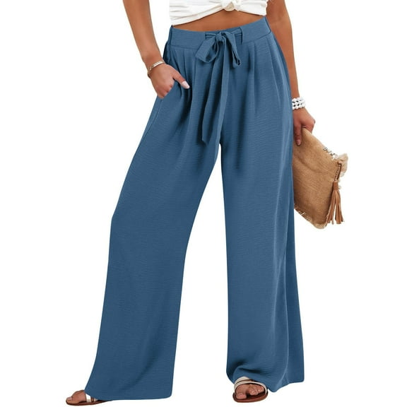 Blue Linen Pants Women's Linen Wide Leg Pants Casual Loose High Waist Beach Haren Pants Pockets Pants for Women