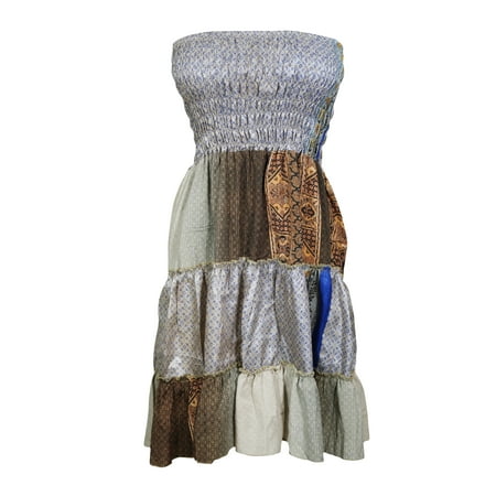 - Mogul Women's 2 in 1 Strapless Dress Skirt Silk Sari Printed Vintage Colorful Tiered Boho Style Sundress S/M