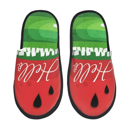 Balery Watermelon Hello Summer Slient Indoor Furry Fleece Comfort House Shoes Soft Non-Slip Home Shoes Cotton slippers House Slippers-- Large