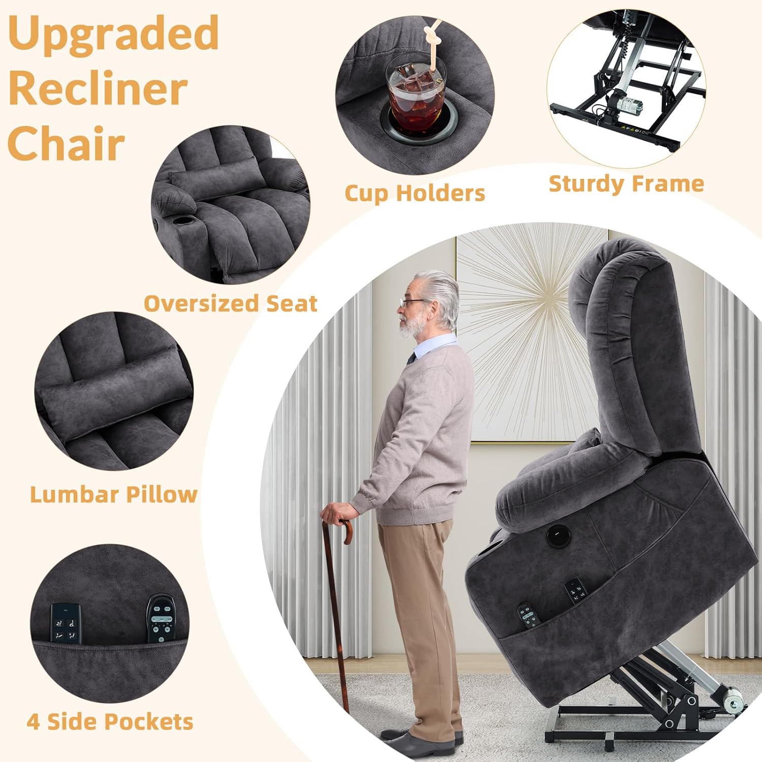 Dual Motor Power Lift Recliner for Big Elderly, Extended Footrest, Large Infinite Position Lay Flat Chair for Living Room with Massage & Heat, Lumbar Pillow, USB & Type-C Ports, Plush-Gray