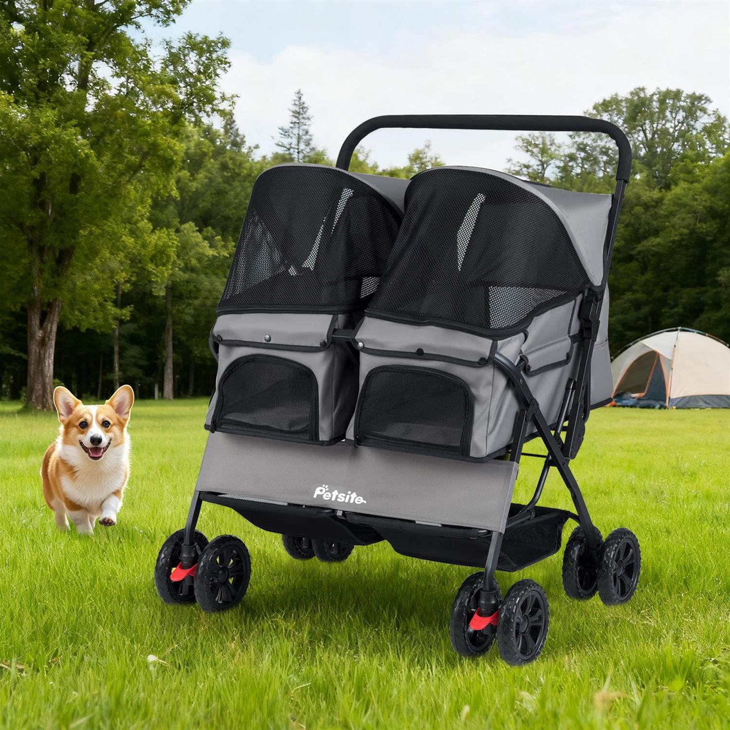 Pefilos Foldable Double Pet Stroller, Adjustable Sunshade & Storage Basket, Rustproof Aluminum Frame, Gray