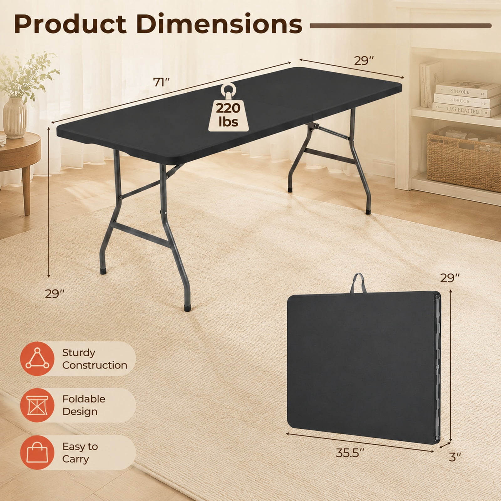 Biotree 6 FT Fold-in-Half Folding Table, Portable HDPE Camping Dining Table with Handle, Locking Legs and 220 lbs Capacity for Party, Black