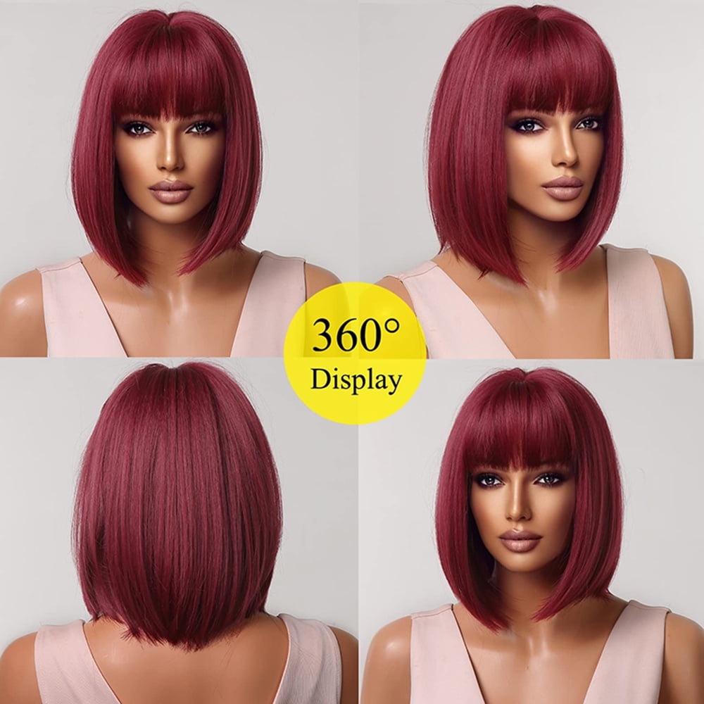 Burgundy Short Bob Wigs For Women Wine Red Wigs with Bangs Synthetic Hair Cosplay Wig