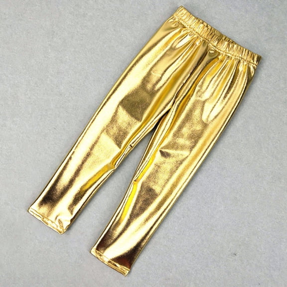 Girls Boys Shiny Metallic Dance Tights Pants Jazz Hip Hop Dancing Leggings (Gold 6-7 Years)