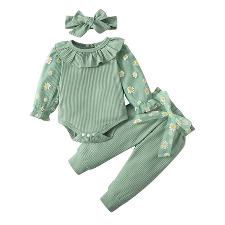 

Bagilaanoe 3pcs Newborn Baby Girl Long Pants Set Daisy Print Long Sleeve Romper Tops + Trousers with Belt + Headband 3M 6M 12M 18M Infant Casual Fall Outfits