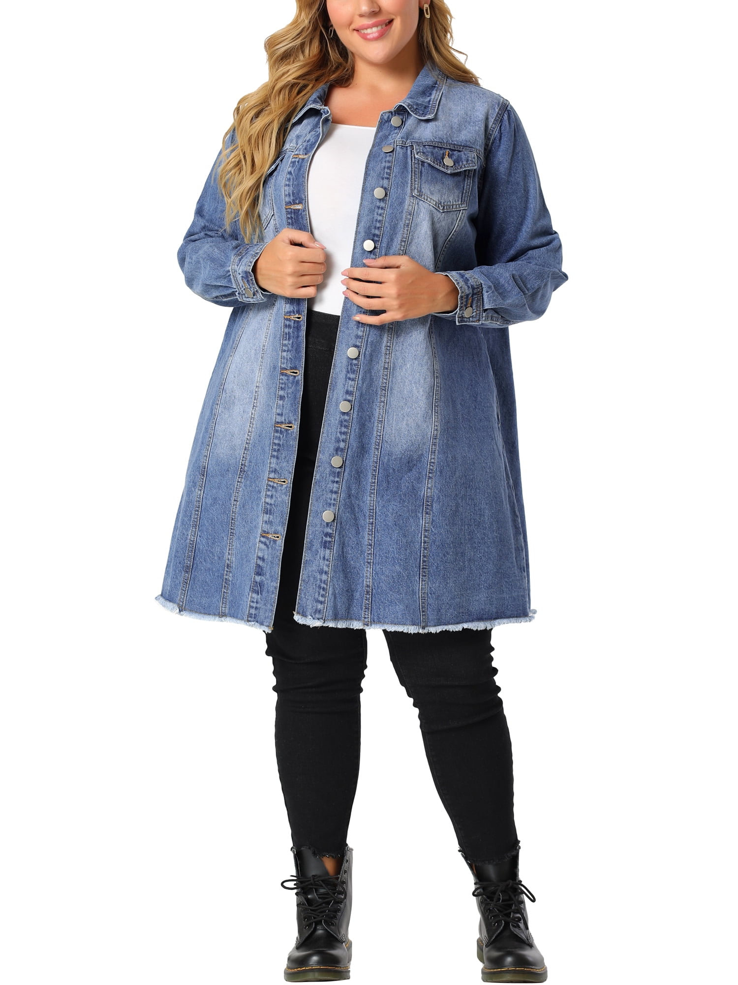 DARING DIVA Women's Plus Size Long Distressed Button Up Denim Jacket 5X Blue