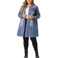 thumbnail image 2 of Women's Plus Size Jeans Jackets Long Sleeve Raw Hem Long Denim Jacket Blue 2X, 2 of 7