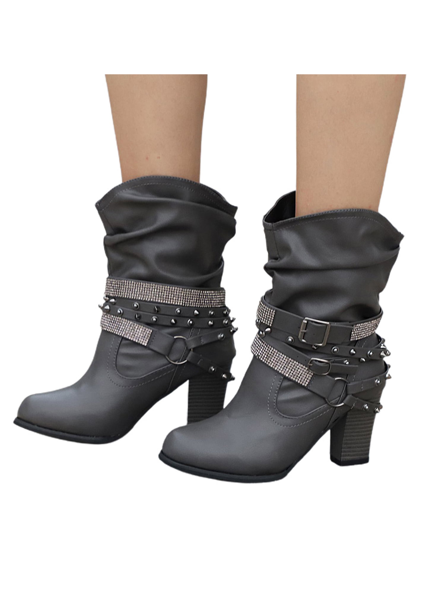 Ladies Leather Buckle Knee High Boots Thick Heels Rhinestone Rivet Slip-On Shoes