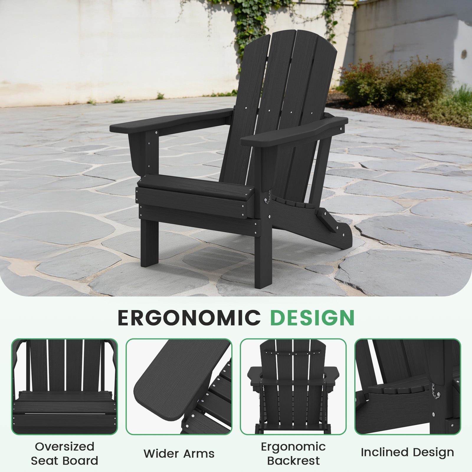LOYALICE Outdoor Patio Chair, HDPE Plastic Adirondack Chair, Black