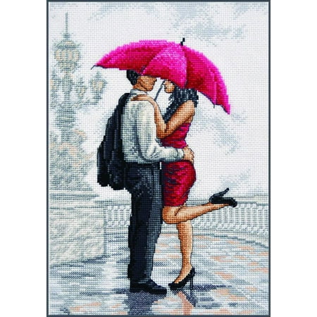 UPC: 4660009926501 | Under Umbrella Cross-Stitch Kit on Aida 14 Count Canvas Kissing Couple Love Sampler Cross Stitch Kit by Oven 780