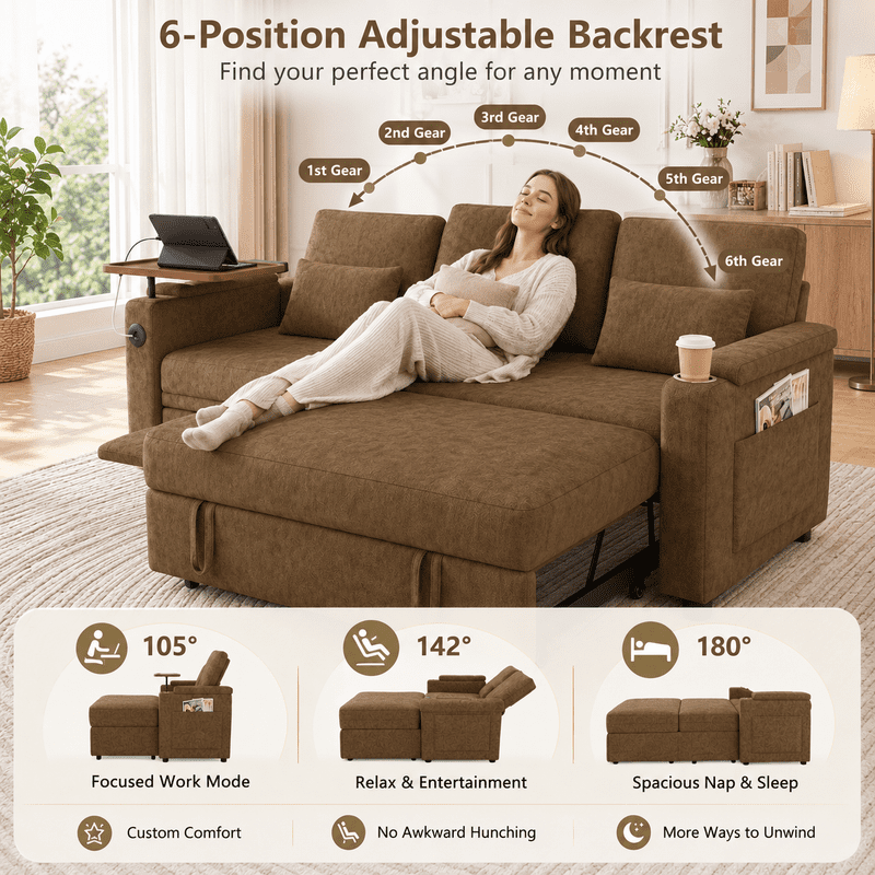 3-in-1 Convertible Sofa Bed, 3-Seater Chenille Couch with Adjustable Backrest, USB Charging Ports, Table Board and Storage Armrests, 81'' Foldable Sleeper Sofa for Living Room