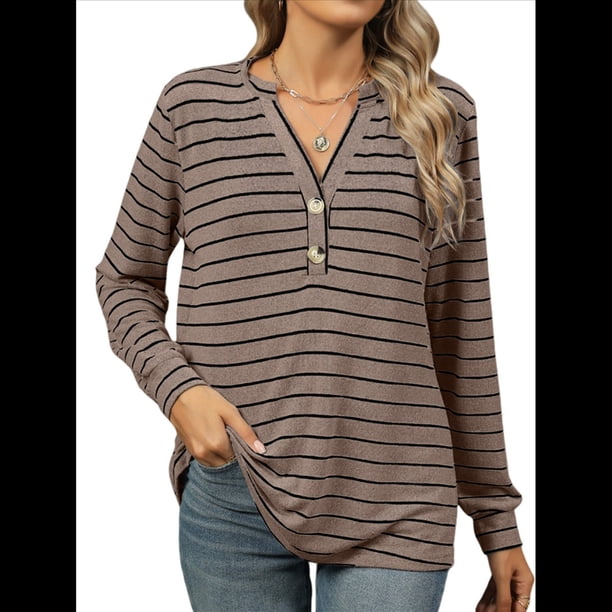 Camisas de Larga para Mujer, Jersey de Cuello en V A Rayas, Corte Holgado, Blusas Y2K con Botones, Conjuntos de Otoño para Mujer. Color Café M