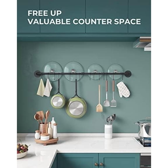 38 inch Pot Bar Rack Wall Mounted Detachable Pans Hanging Rail Kitchen Lids Utensils Hanger with 14 S Hooks Black