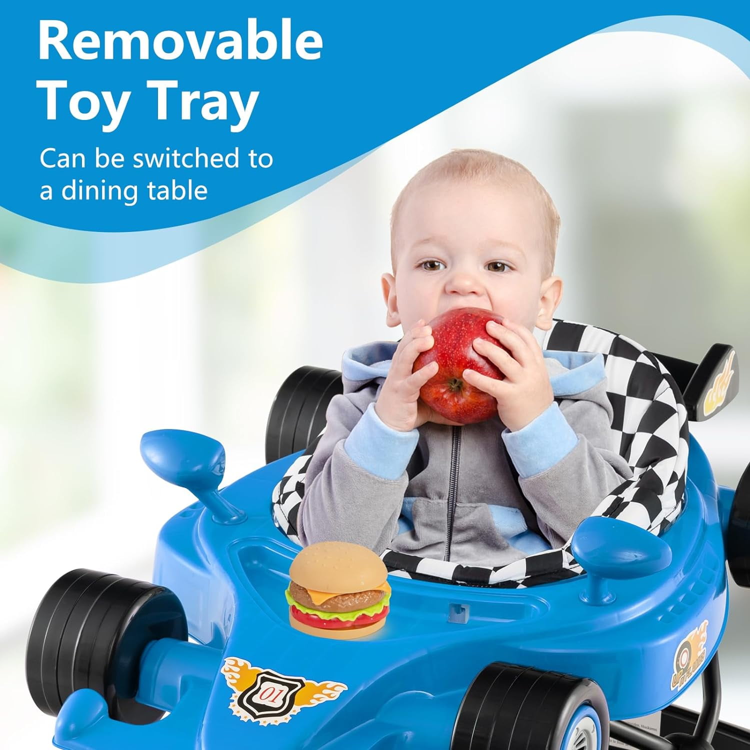 INFANS Foldable Baby Walker, Toddler Activity Center Leaning-Seated Walk-Behind with Steering Wheel, Adjustable Height, Lights, Music, Washable Seat Cushion (Blue)