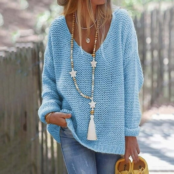 Brilliant Sweaters for Women Plus Size Women Winter Deep V-Neck Loose Pullover Solid Color Long Sleeves Sweater Tops Loose Knitwear Jumper Lightweight Mid Length Blue L