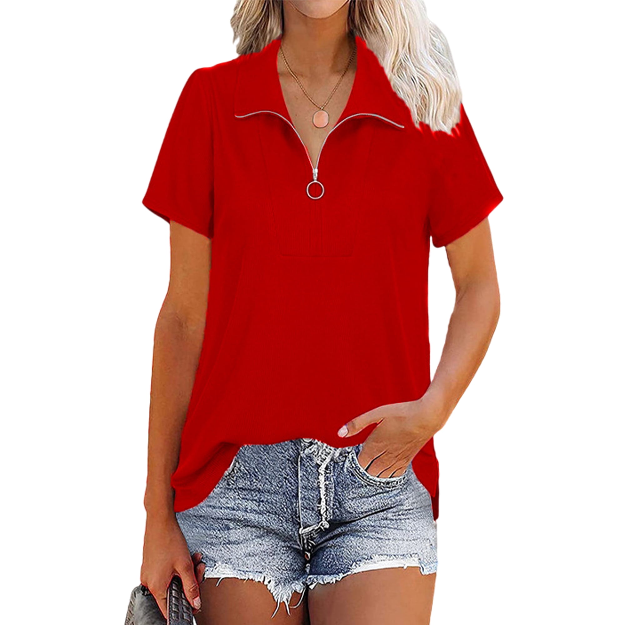 Bellella Women Polo Shirts Lapel Summer Tops Solid Color T Shirt Bohemian Short Sleeve Tunic Blouse Dailywear Pullover Red 3XL Walmart