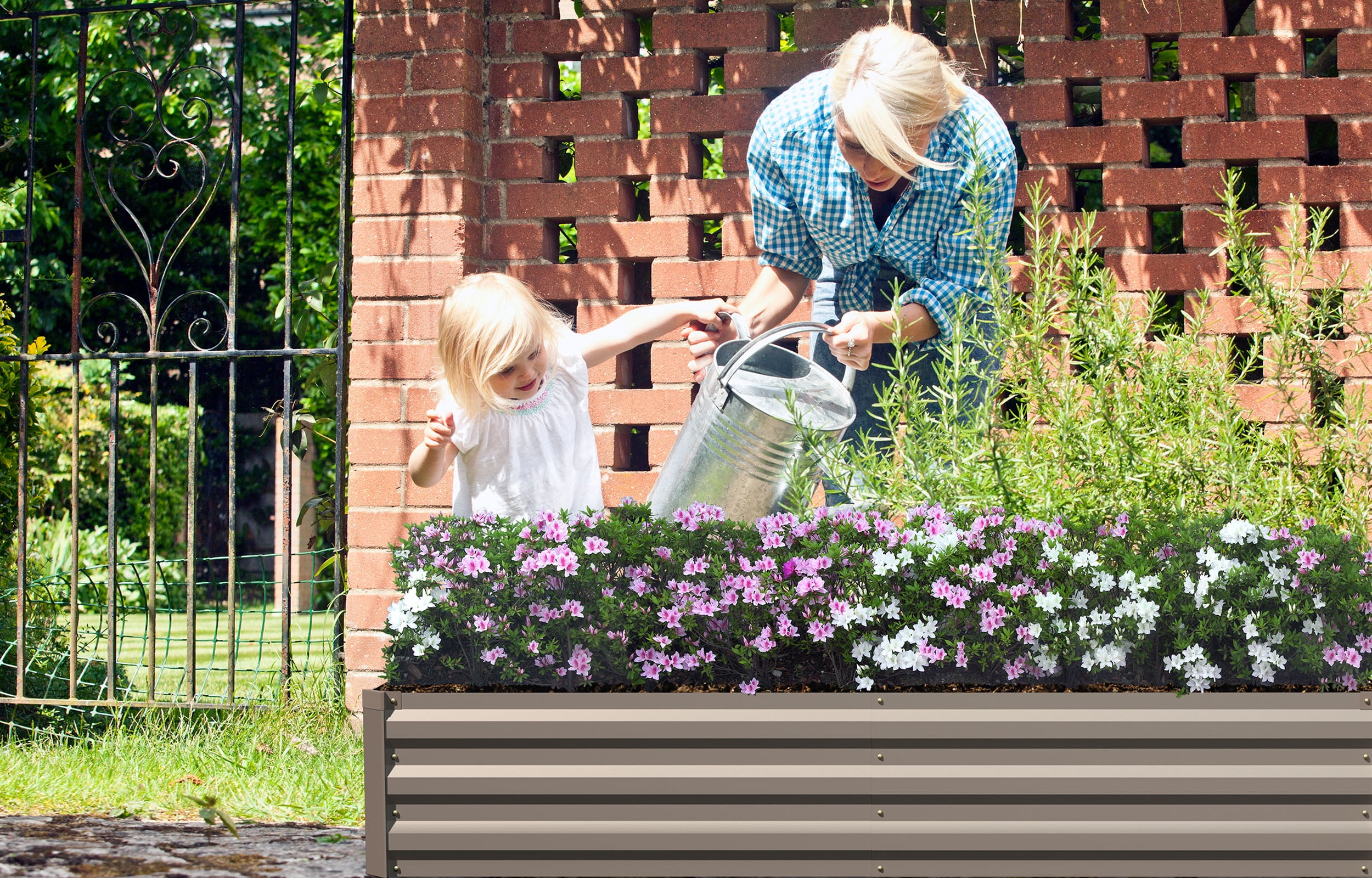AMOBRO 8x4x2ft Outdoor Metal Raised Garden Bed Planter Box for Vegetables, Flowers, Herbs w/ 3 Tomato Cages Brown