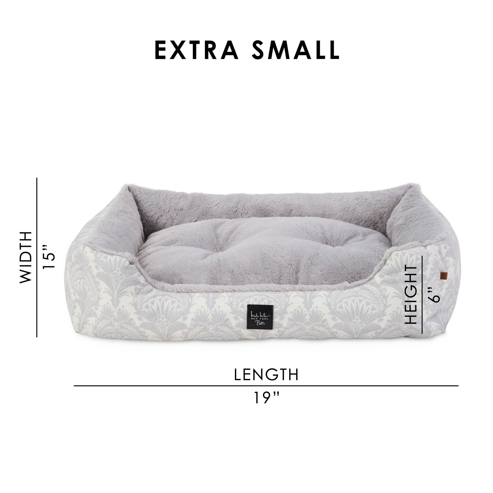 NICOLE MILLER NEW YORK PET Mod Damask Plushy Bolster Pet Bed, Cozy & Calming, Water Repellent, Non-Slip Bottom, 100% Machine Washable, Grey, Extra Small 19"x15"x6"
