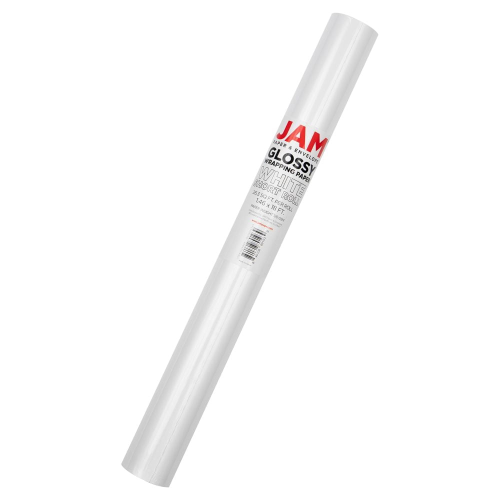 JAM Paper Glossy Wrapping Paper, 26.3 sq ft (17 in x 18 ft), Glossy White, Roll Sold Individually