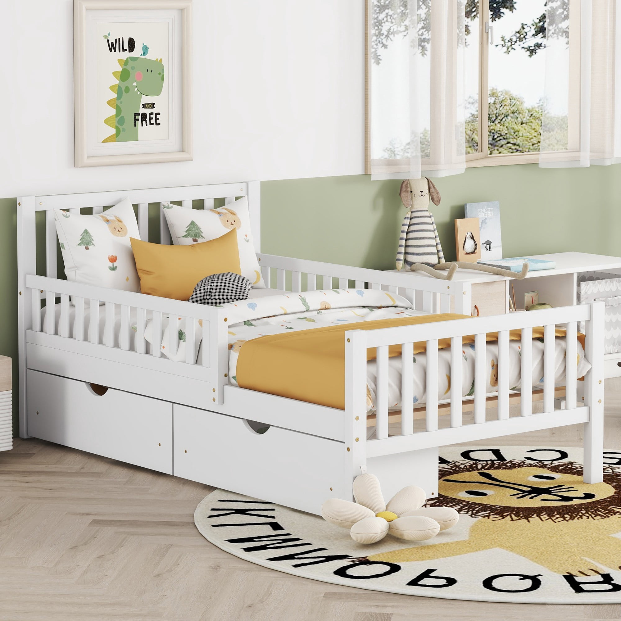 Aukfa Twin Platform Bed with Storage Drawers and Safe Rails, Wood Bed Frame, White