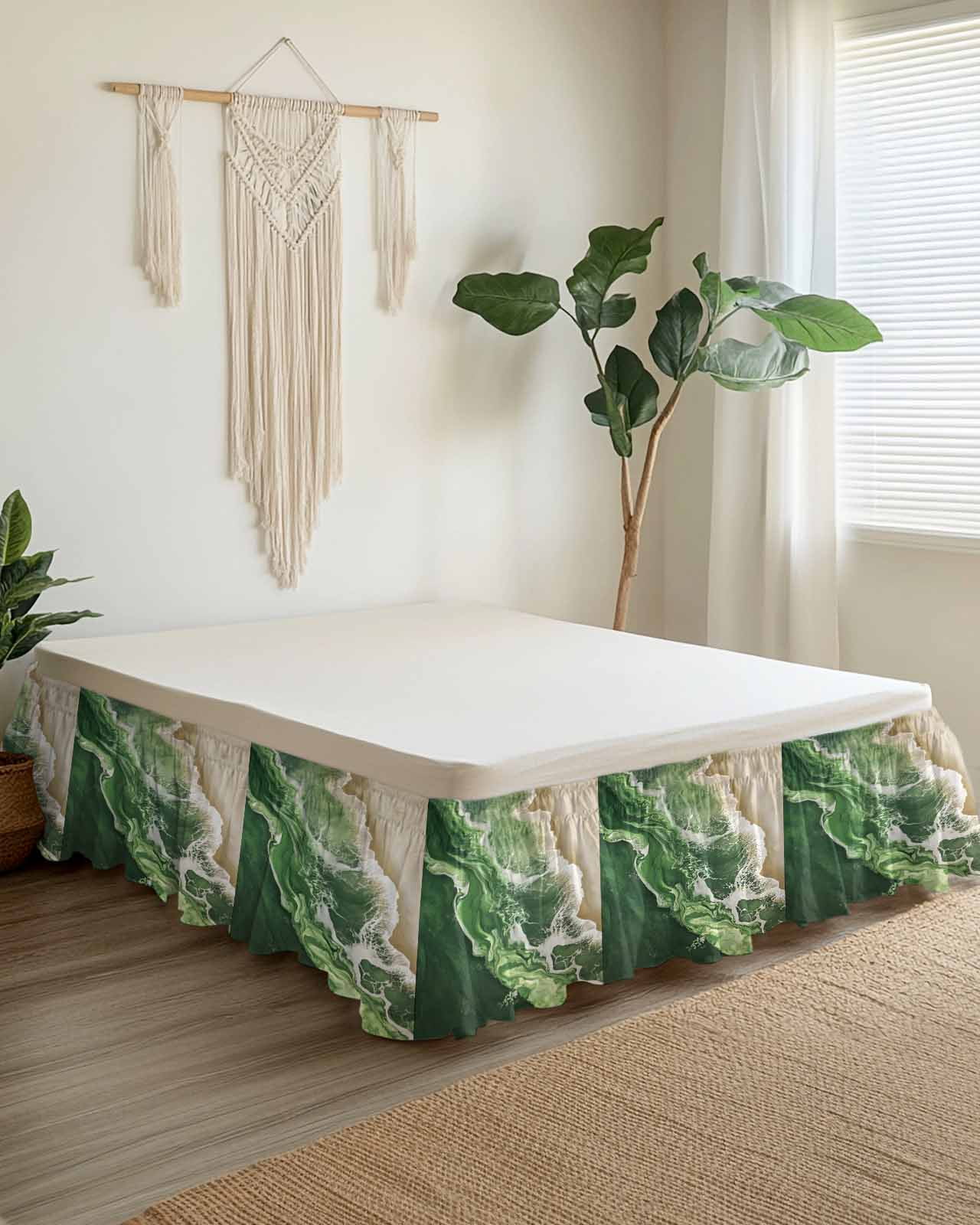 Dark Green Bed Skirt Queen Size 18" Drop Beige Gradient Ocean Wave Abstract Beach Coastal Ruffled Wrap Around Bed Skirts Adjustable Elastic Bedskirt Dust Ruffle for Queen Size Bed