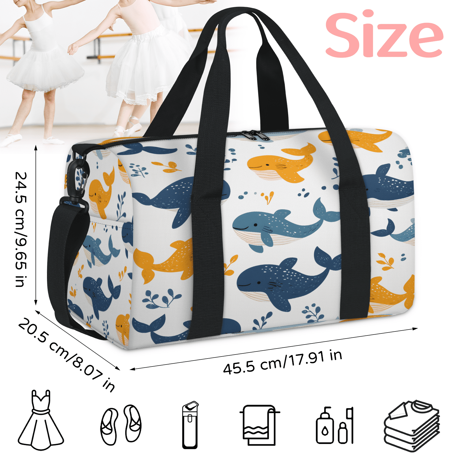 Herdesigns Cute Whale Gym Bag for Women, Duffle Bag for Travel Sport, Funny Ocean Lightweight Waterproof Carry on Weekender Dance Yoga Workout Bags
