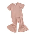 thumbnail image 2 of Musuos Toddler Girl Summer Outfits 1-5T Short Sleeve Ribbed Knit Tops T-Shirts Solid Color Elastic Waist Flare Pants 2Pcs Clothes Set, 2 of 10