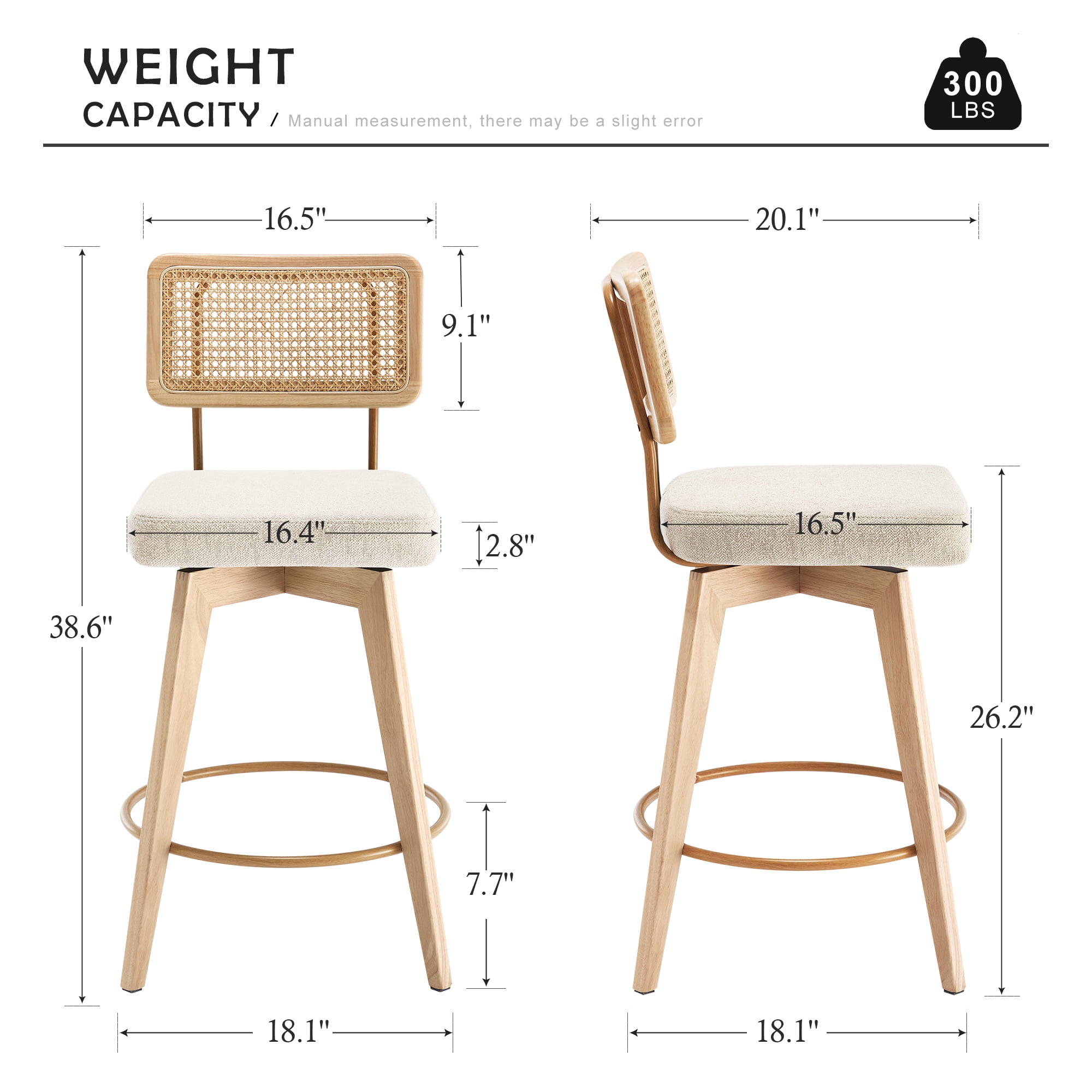 Zesthouse 26.2" Swivel Counter Height Bar Stools Set of 2, Upholstered Linen Counter Stools with Rattan Back, Mid Century Barstools with Solid Wood Frame for Kitchen Island, Beige