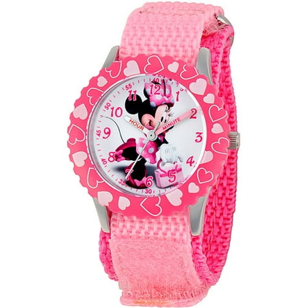 Disney Minnie Mouse Girls' Stainless Steel with Bezel Watch, Pink Nylon Strap