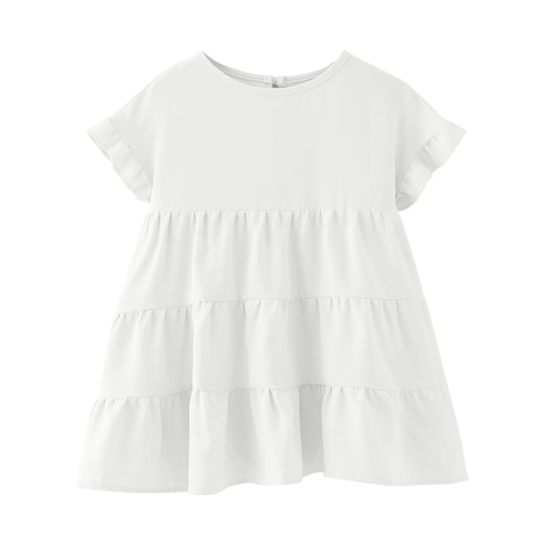 Gibobby Blusas Para Mujeres Camisetas para niñas pequeñas con volantes de manga corta con cuello redondo, blusa suelta de verano de Color sólido, camisetas informales para niñas(Blanco, 3-4 Años)