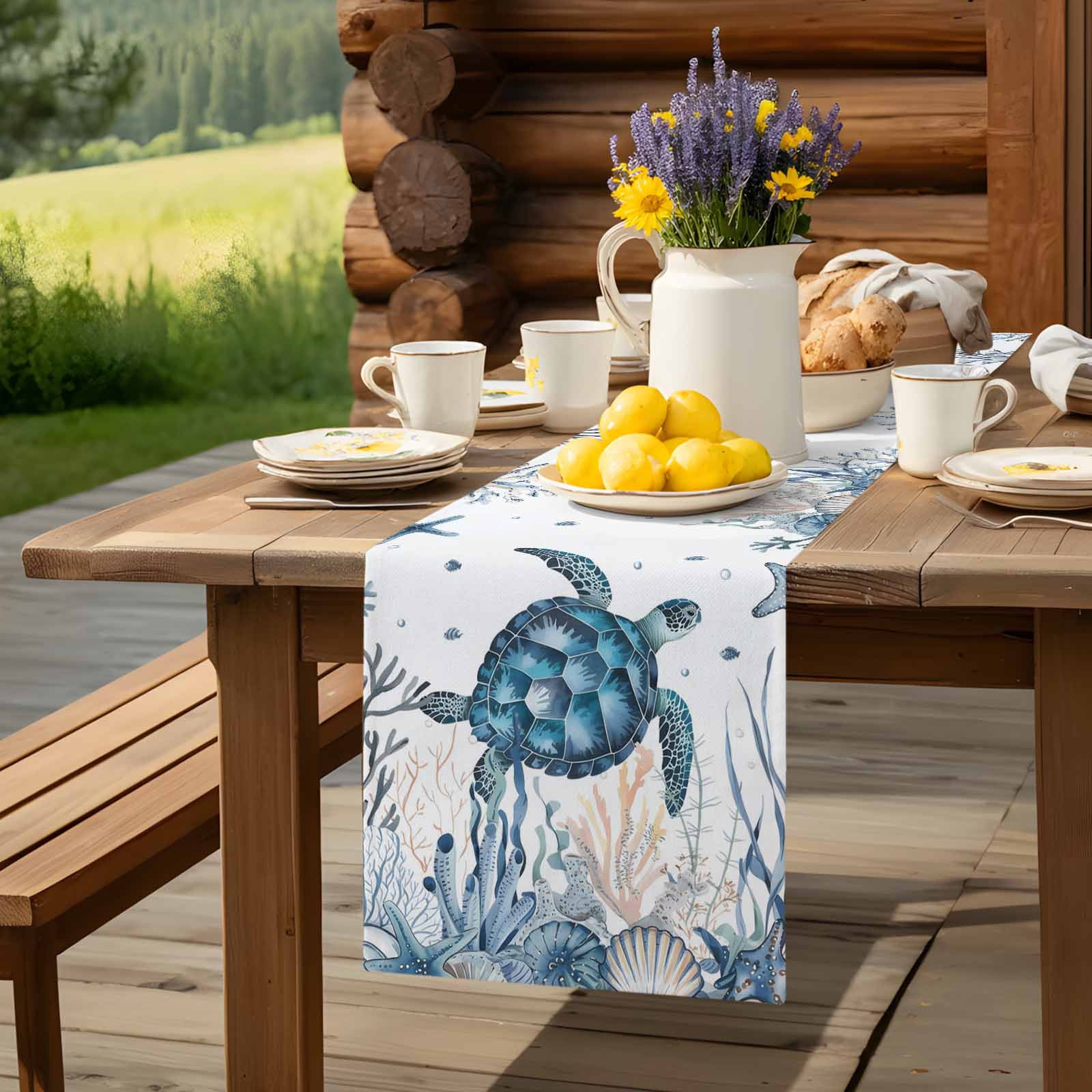 Sea Turtle Starfish Shell Seaweed Table Runner 90 Inches Long, Blue Ocean Marine Life Table Runners Tabletop Scarf Kitchen Dining Tables Decoration for Home Party Indoor Outdoor