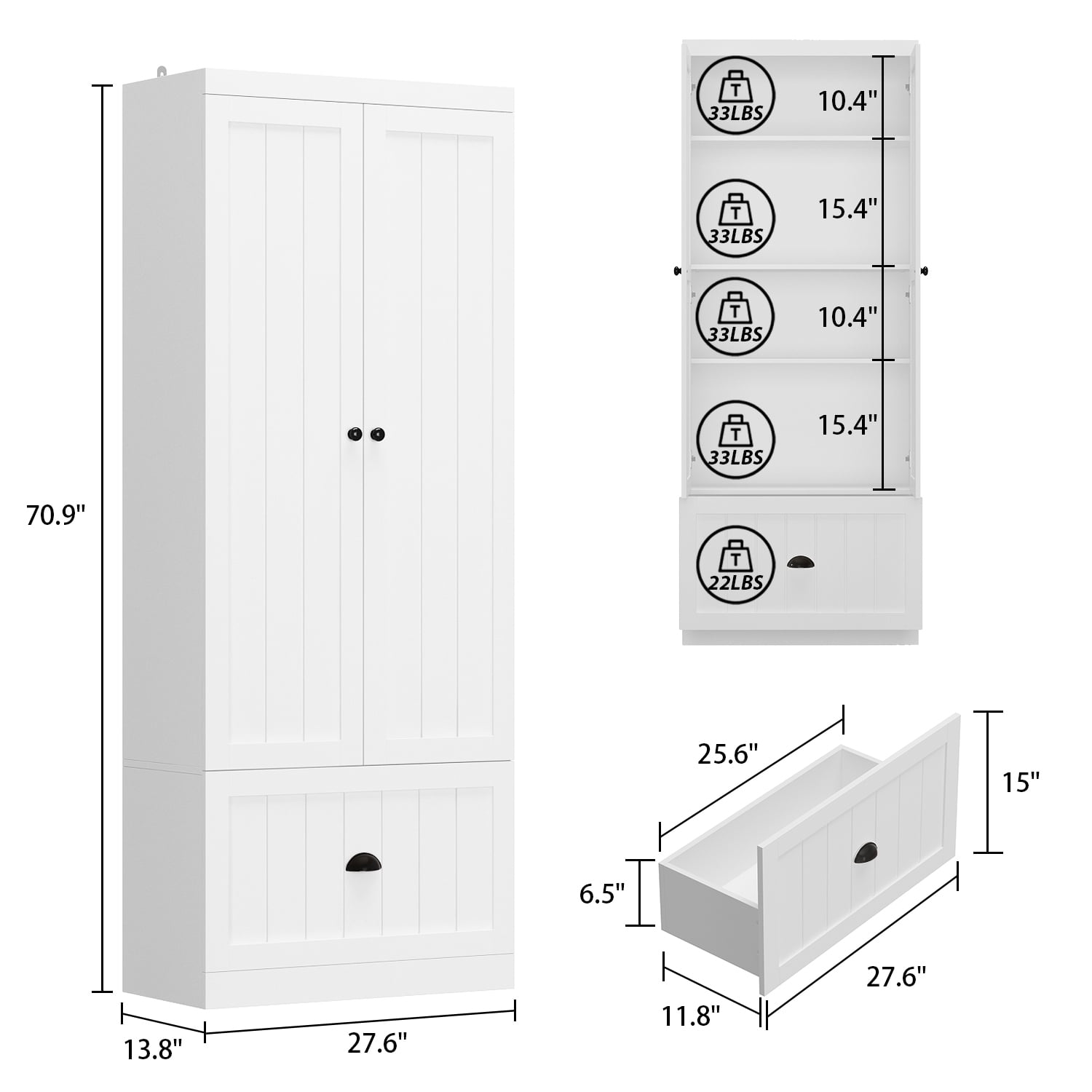 KULAGAGA 70.9" H Kitchen Pantry Cabinet, Freestanding Storage Cupboard with Drawer and Adjustable Shelves for Kitchen Bathroom Living Room, White