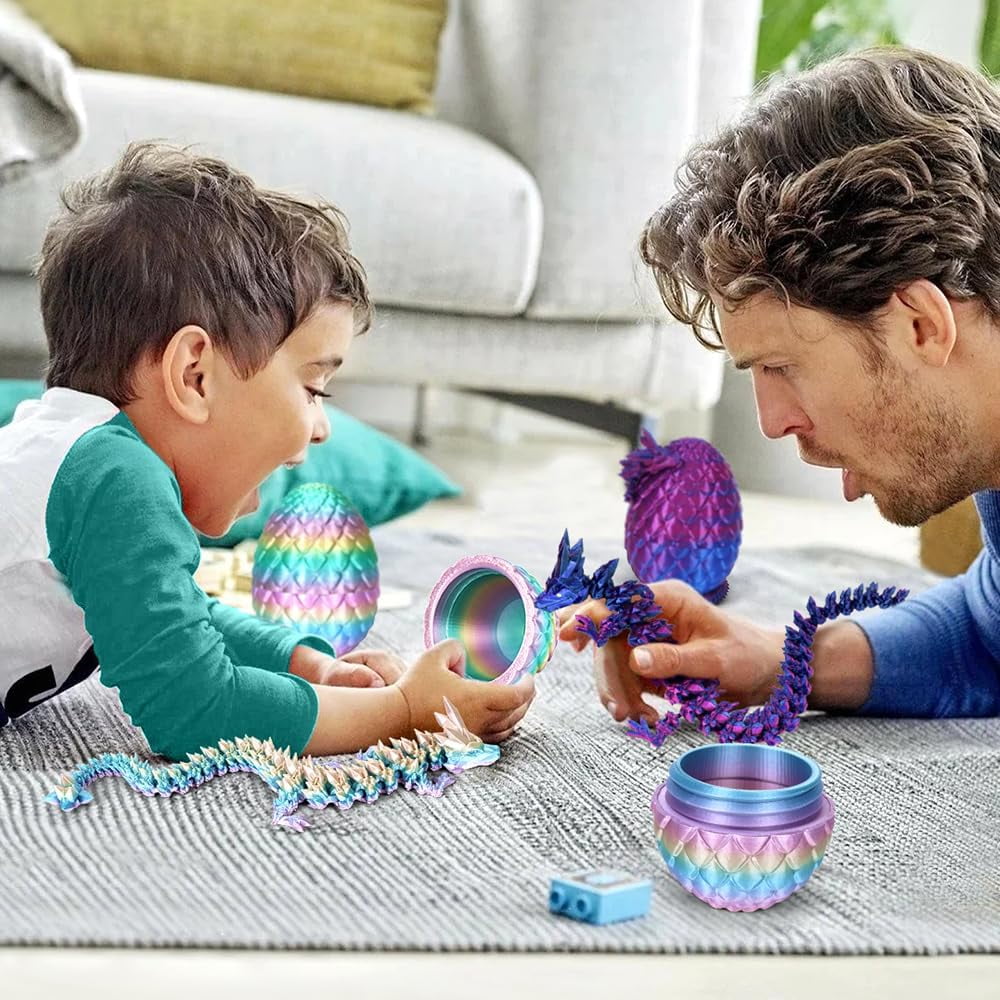 3D Printing Toys - 12" 3D Printed Dragon&Egg Cool 3D Printed Articulated Crystal Dragon Toy for Ages 8+ (4Pcs-B)