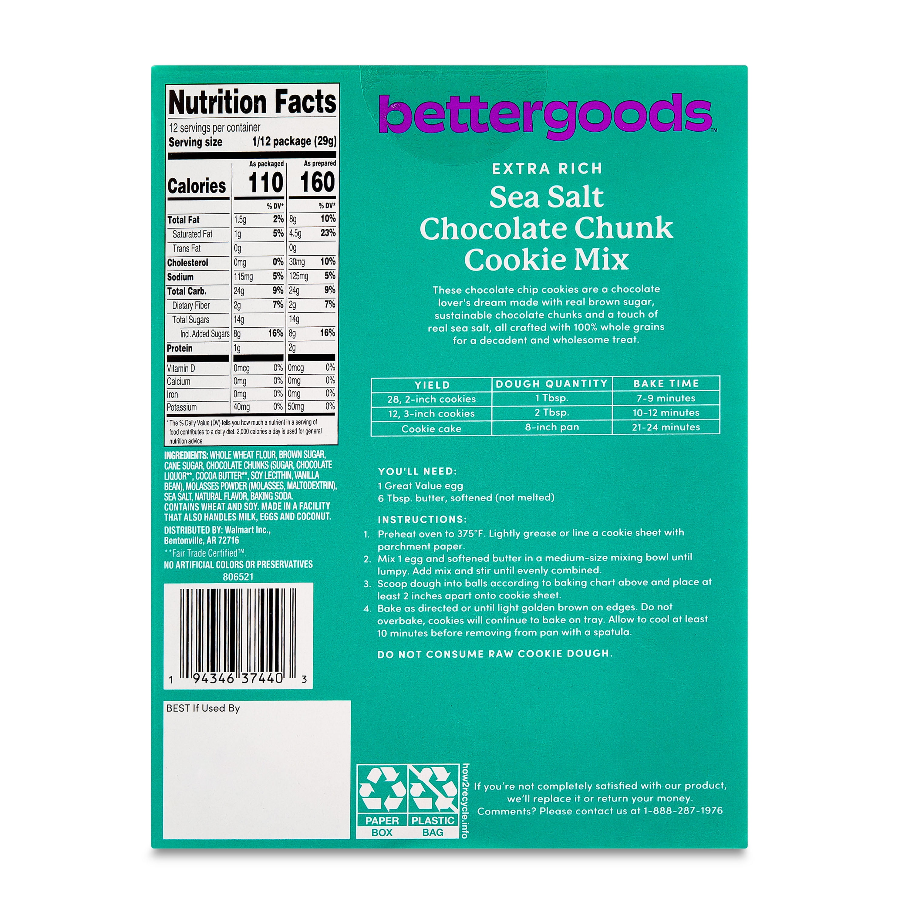 bettergoods Extra Rich Sea Salt Chocolate Chunk Cookie Mix, 12.5 oz