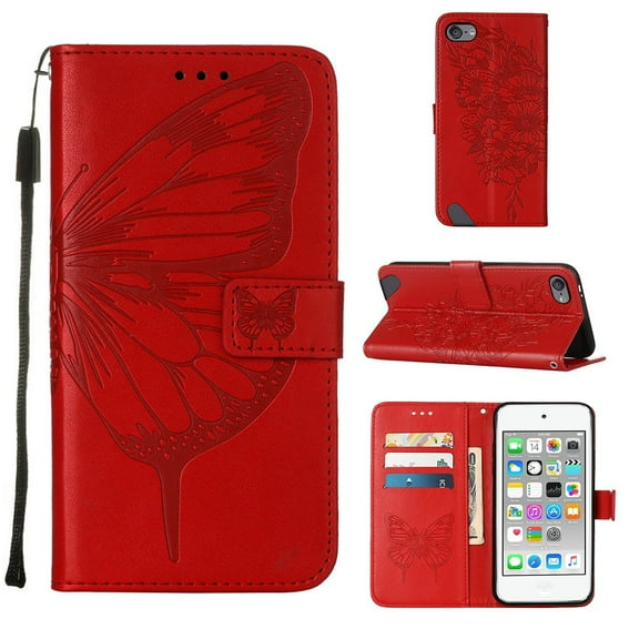 iPod Touch 7 Case,iPod Touch 6 Case, Embossed Butterfly PU Leather Credit Card Holder Slots Protection Kickstand Flip Shockproof TPU Phone Cover for Apple iPod Touch 5/6/7th Generation,Red