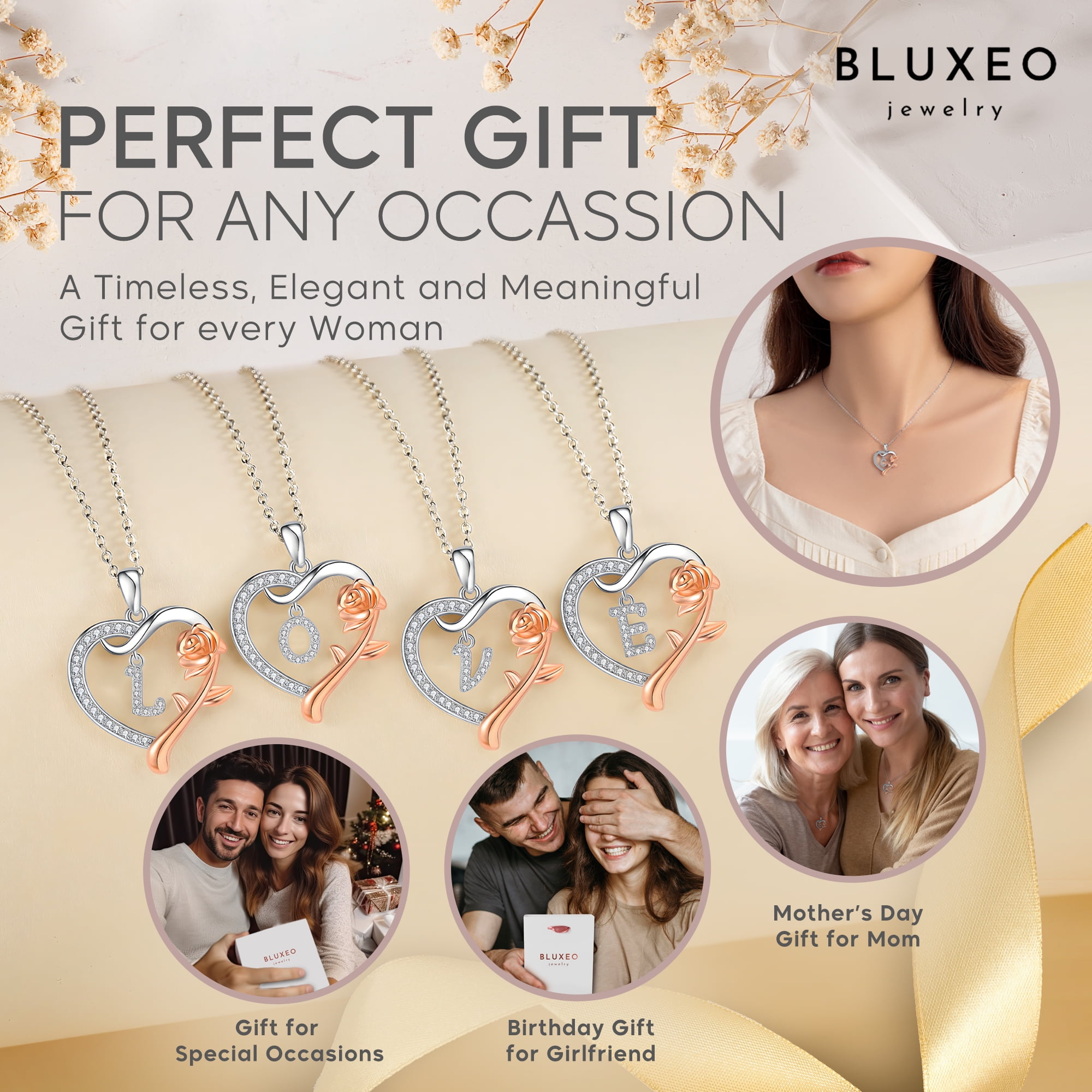 Bluxeo 925 Sterling Silver Rose Heart Initial Necklace, Christmas Gifts for Women Wife  Anniversary Birthday Gifts for Women, Jewelry Gift for Her Wife Girlfriend Mom Daughter