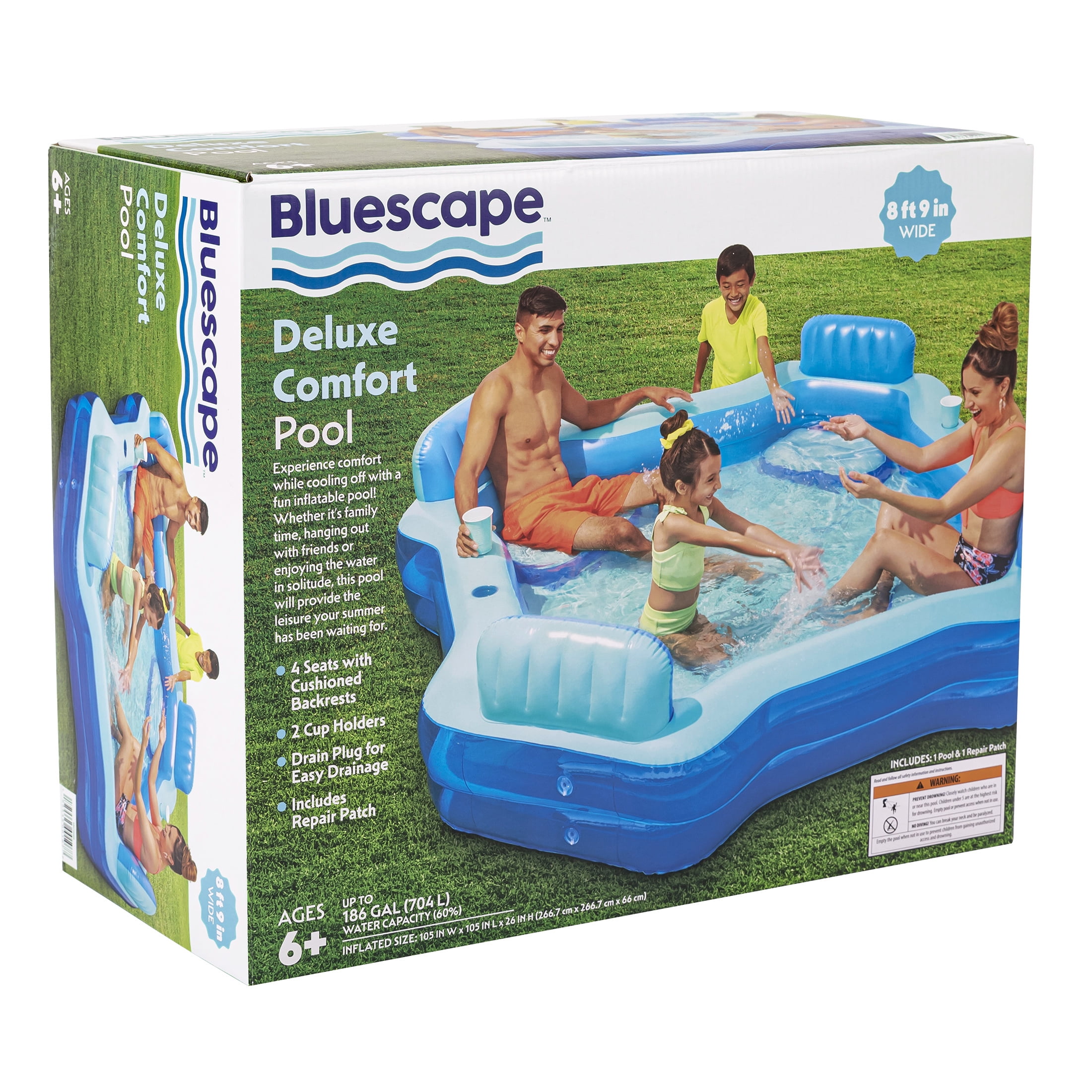 Bluescape Blue Deluxe Comfort Inflatable Family Swimming Pool, 4 Seats, Square, Age 6 & up