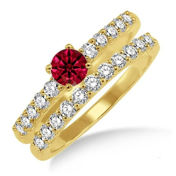 2 Carat Round Cut Red Ruby With Moissanite Diamond Elegant Bridal Set on 10k Yellow Gold