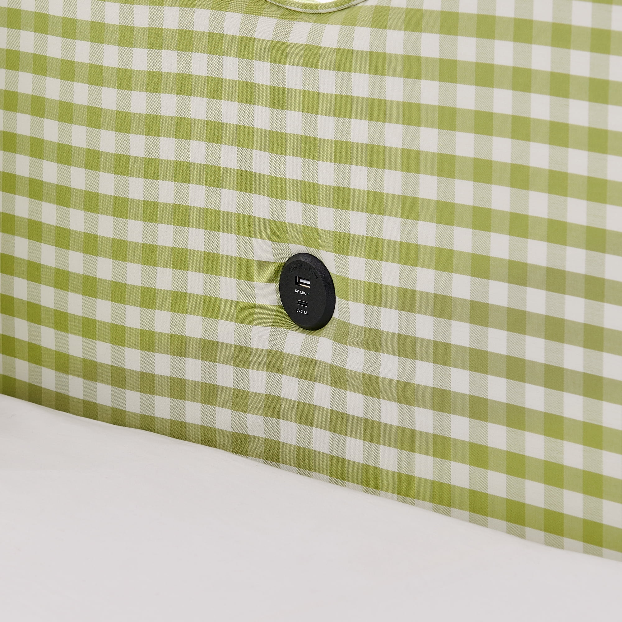 T-Serenity Gingham Daybed with Adjustable Trundle & USB Port, Wave-Shaped Full Size Sofa Bed, No Box Spring Needed, Green