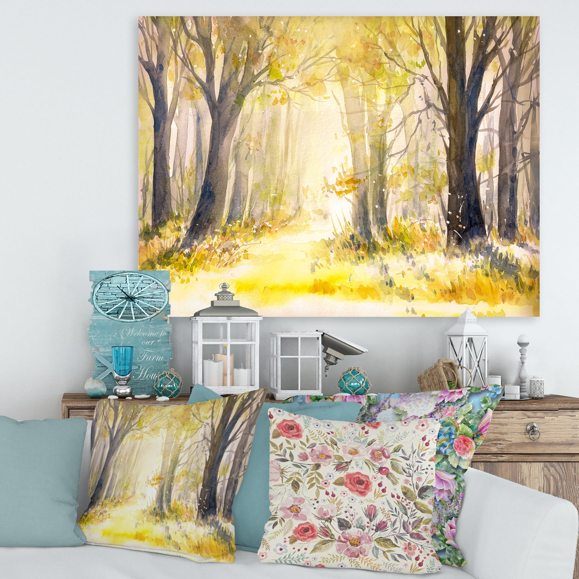 Bright Sunshine Through The Yellow Forest Trees I 32 in x 16 in Painting Canvas Art Print, by Designart